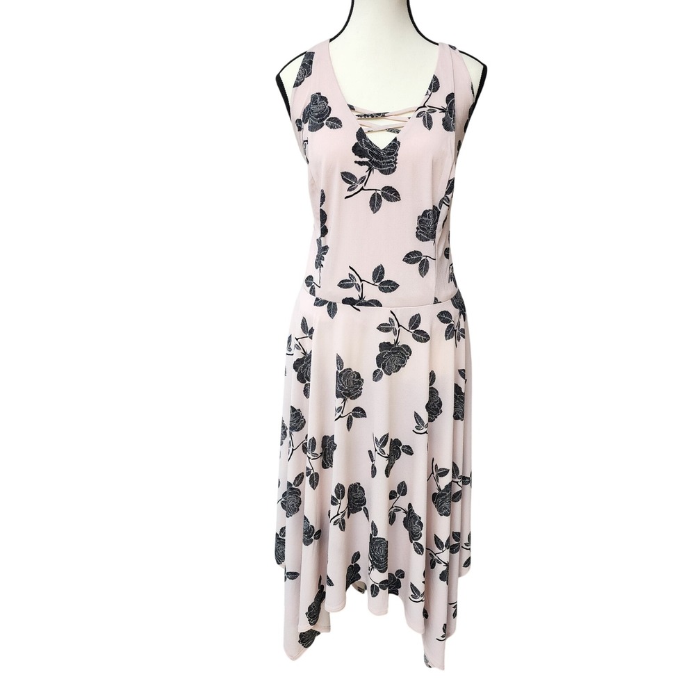 Candies Pink Black Rose Floral Handkerchief Hem Midi Dress 2X NWT Cutout Back